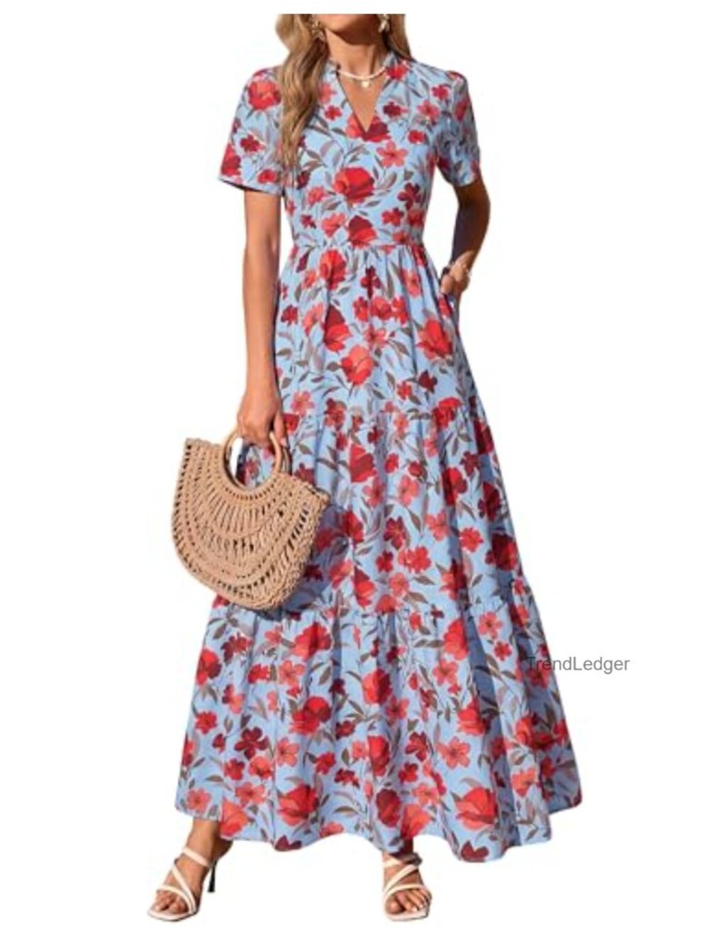 Floral Boho Flowy Maxi Dress with Pockets, Short Sleeve V Neck